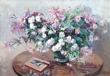 “Still life with chrysanthemums and book”, 1961