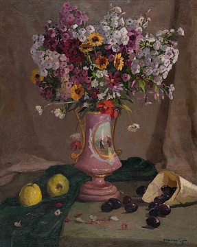 "Still life. Flowers in a pink vase with apples and plums", 1950s