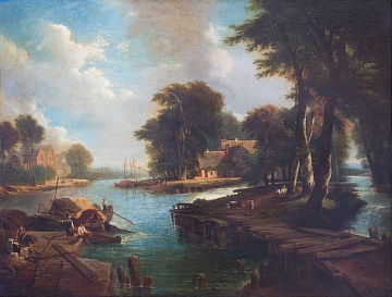 "A river landscape with fishermen", 1860