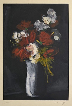 "Vase with flowers on a dark background", 1956-1958