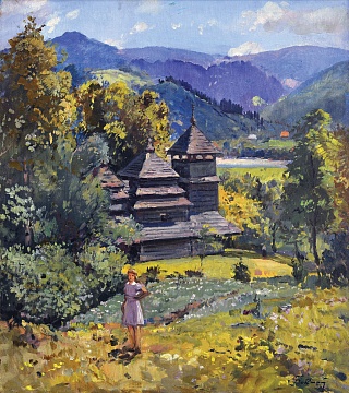"Landscape with wooden church", 1950th