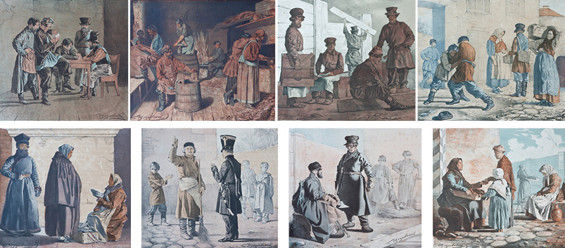 Collection of 8 lithographs from the series "Scenes from Russian life", 1840