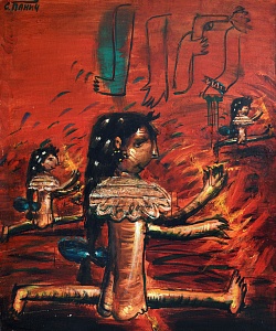 "Nude gymnasts with collars on twine", 1980