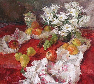 "Apples and Pears on Red", 2005