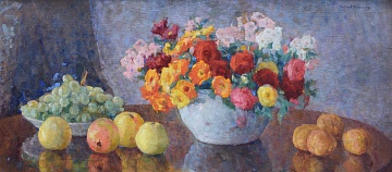 "Still life with flowers and fruits", 1940s