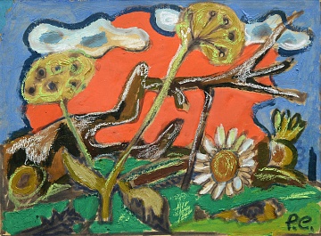 "Flowers, roots and clouds on a red background", 1970-80s