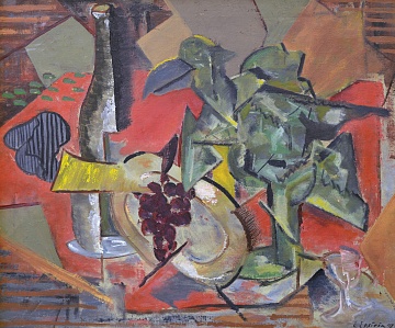 "Cubist still life with a bottle and grapes", 1948