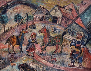 "Village scene with horses", 1950s