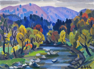 "Autumn landscape with mountain river", 1980s